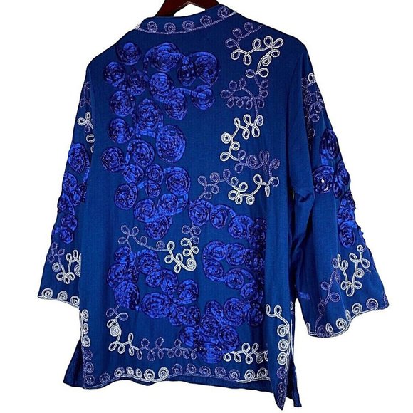 Lauren Michelle 1X 16 18 Top Tunic Shirt Floral Embroidered Blue White Romantic - Picture 2 of 5